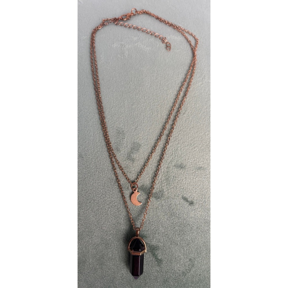 Layered Necklace Crescent Moon & Onyx‎ Crystal Point Pendant Celestial Boho P151